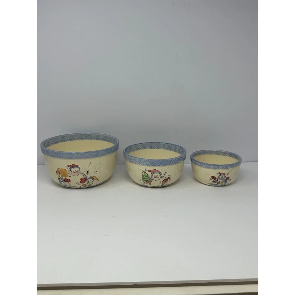 Vital Unit Ceramic Snowman Nesting Mixing Bowls Set Of 3 Christmas U0